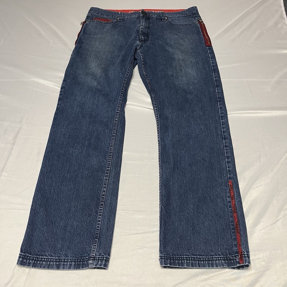 Crown Holder Jeans Mens 38x32 Blue Embroidered Denim Baggy Hip Hop Y2K - Picture 2 of 8